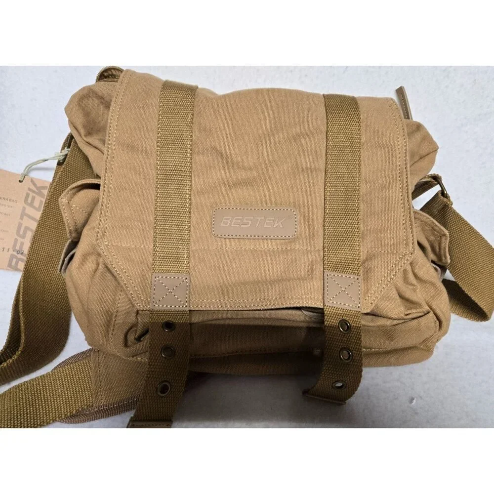 Bestek Canvas Messenger Bag For Cameras W/ Adjustable Strap & Buckles Khaki‎